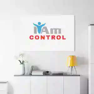 Inspirational wall art with 'I Am Control' message in modern home decor setting.