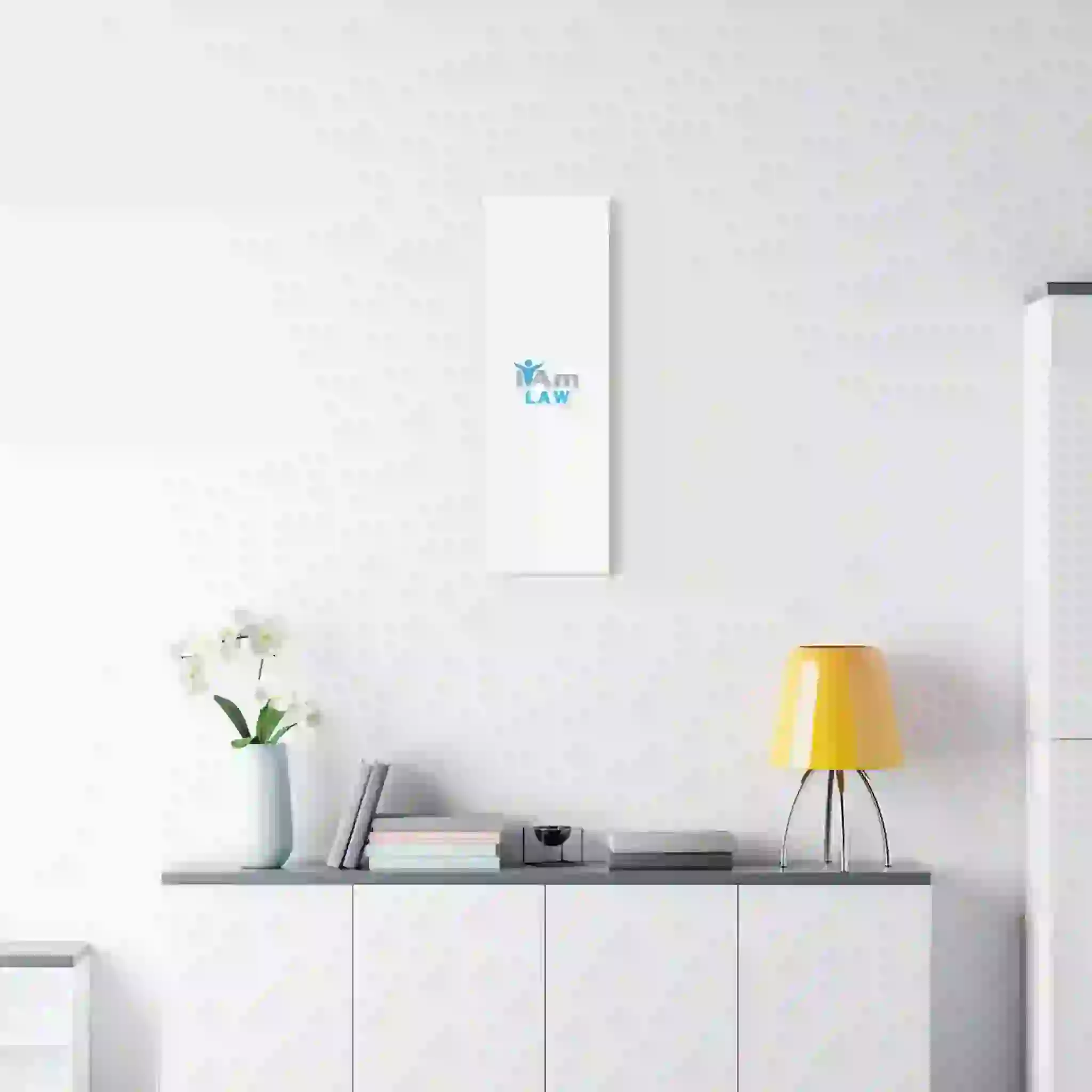 Minimalist wall art with 'I Am Law' quote in a modern office setting.