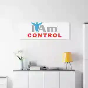 Inspirational wall art with 'I Am Control' message in modern home decor setting.