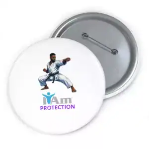 Martial artist in karate gi with 'I Am Protection' badge for fighters and advocates.