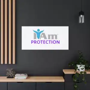Inspirational wall art with 'I Am Protection' message on a modern dark wall.