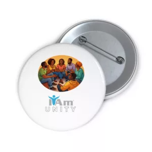Unity badge with diverse group discussion illustration for empowerment.