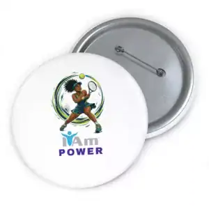 Empowerment badge with tennis player illustration and 'I Am Power' text.