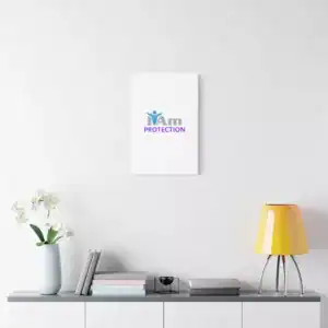 Minimalist wall art with 'I Am Protection' text on a white canvas.