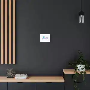 Minimalist interior with 'I Am Protection' canvas wall art on dark wall.
