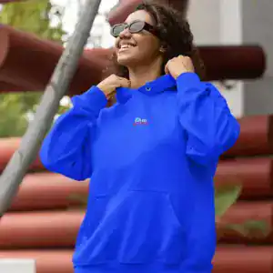 Women's blue embroidered hoodie from the 'I Am Control' collection, stylish and comfortable.