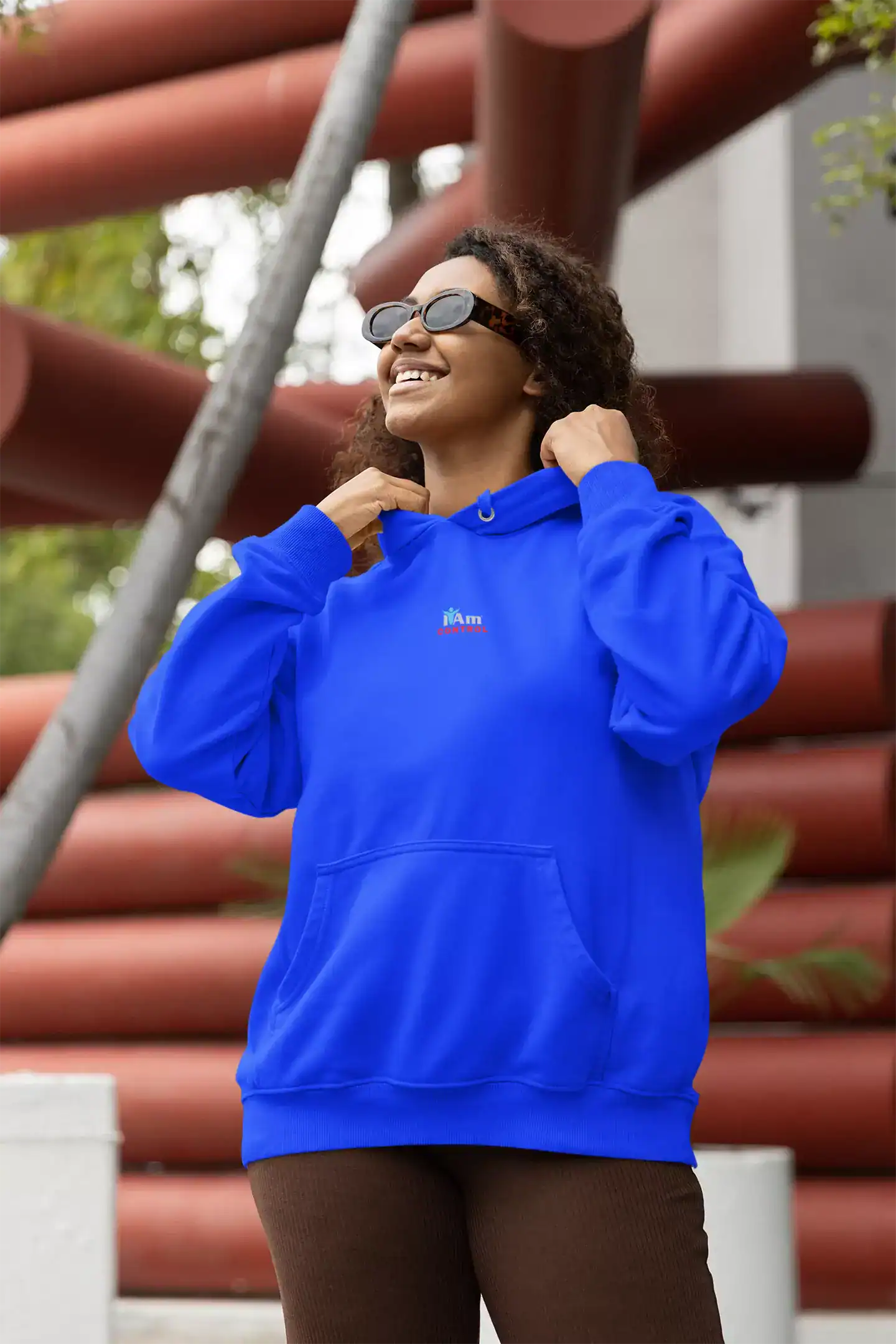 Women's blue embroidered hoodie from the 'I Am Control' collection, stylish and comfortable.