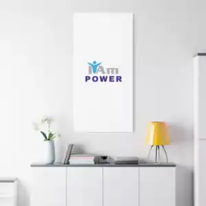 Inspirational wall art with 'I Am Power' message on a white canvas in modern room.