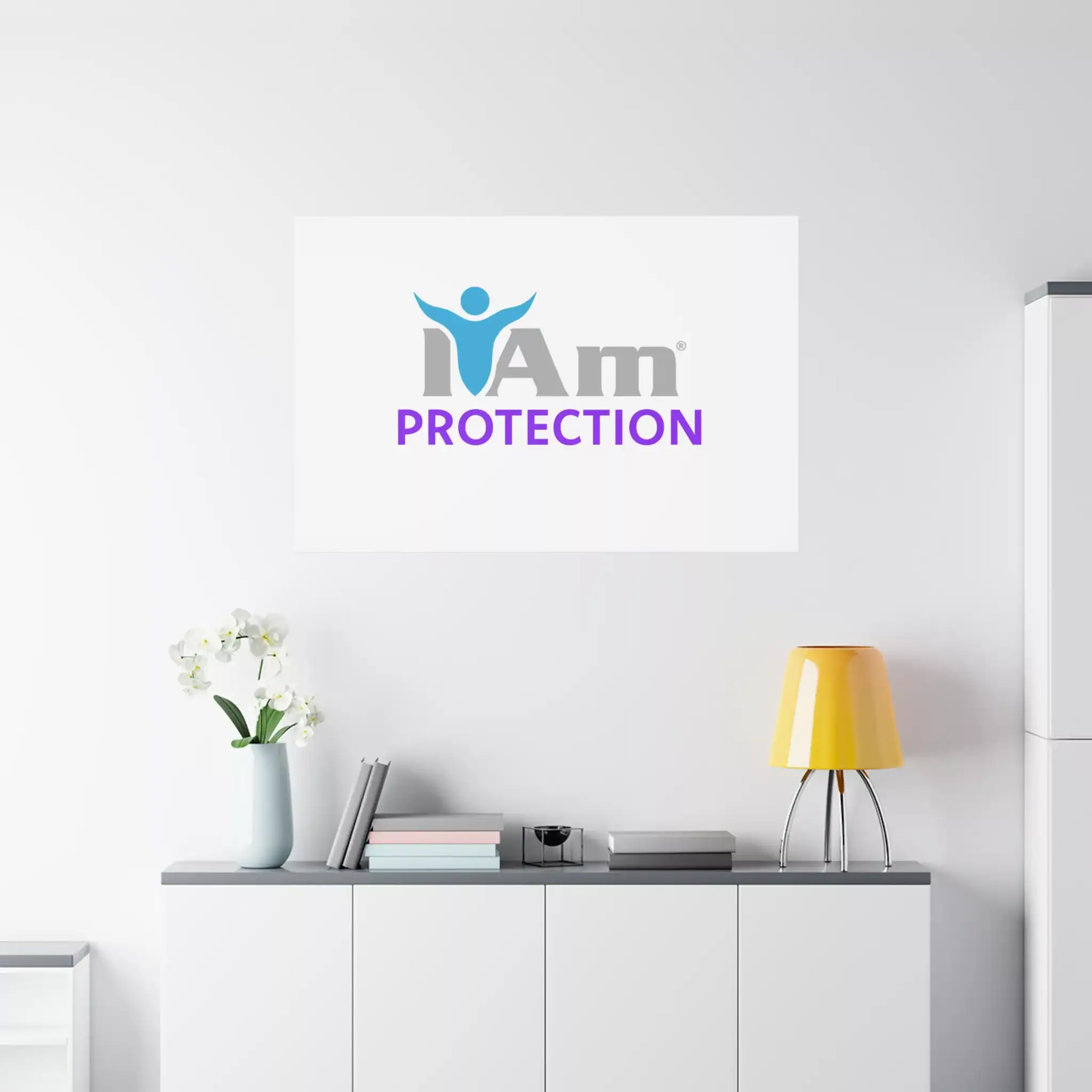 2256493598761478240_2048.webp Inspirational wall art with 'I Am Protection' message on a white wall.