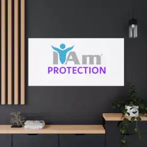 Marketplace logo with protection theme on a modern wall.