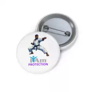Empowerment badge with martial artist and protection message for fighters and advocates.