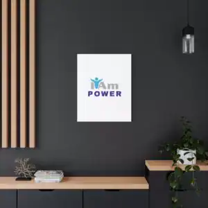 Inspirational wall art with 'I Am Power' message on a dark wall.
