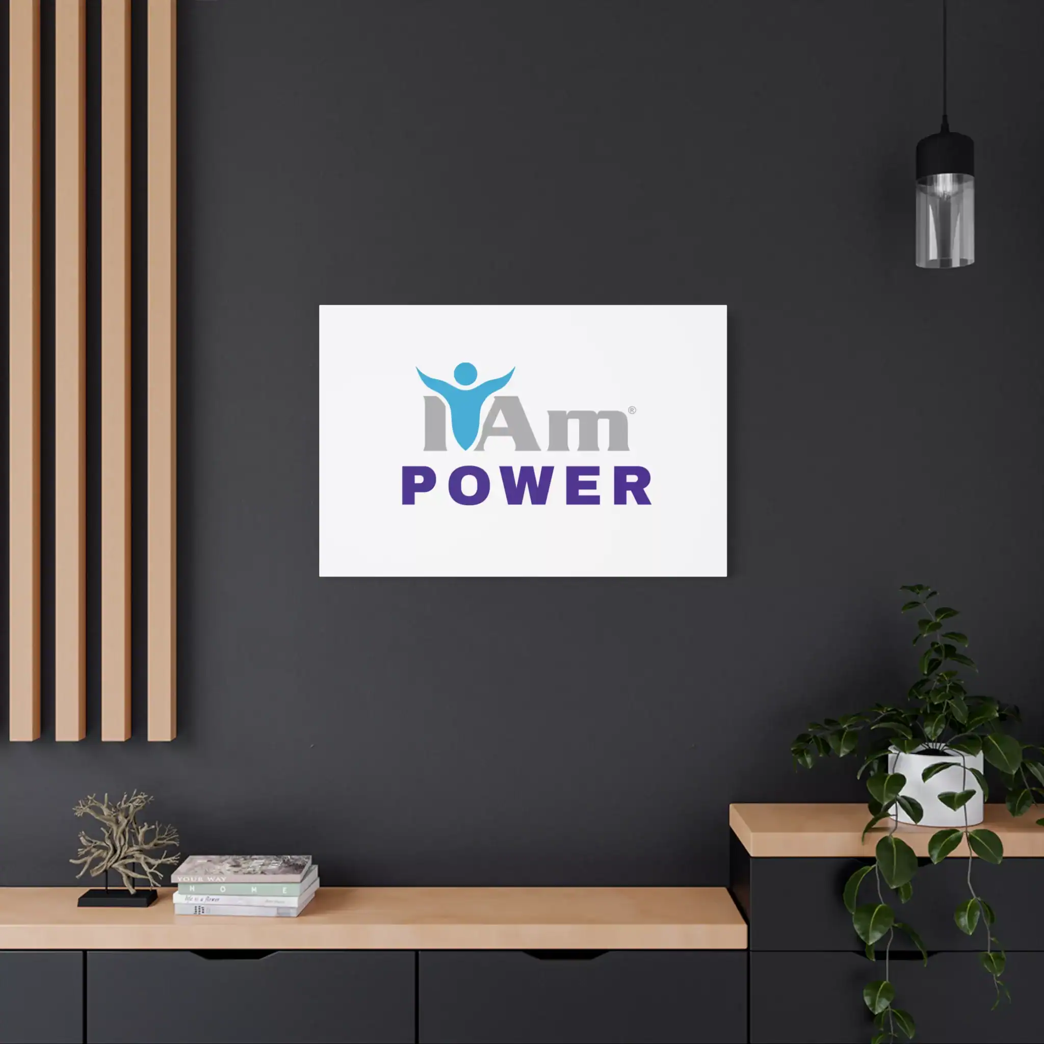 2513725156711294273_2048.webp Inspirational wall art with 'I Am Power' message on a dark wall.