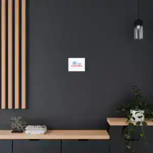 Minimalist interior with control-themed wall art and modern decor.