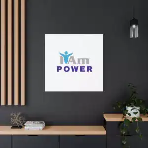 Inspirational 'I Am Power' canvas wall art on dark wall with modern decor.
