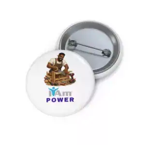 Empowerment badge for builders and creators with carpenter image and 'I Am Power' text.