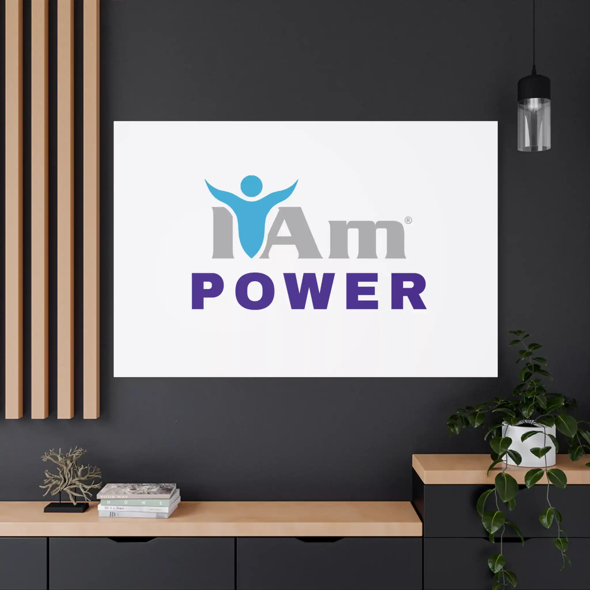 3871350567491783293_2048.webp Inspirational wall art with 'I Am Power' message and logo on a modern wall.