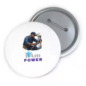 Empowerment badge for builders and creators with plumber illustration and 'I Am Power' text.