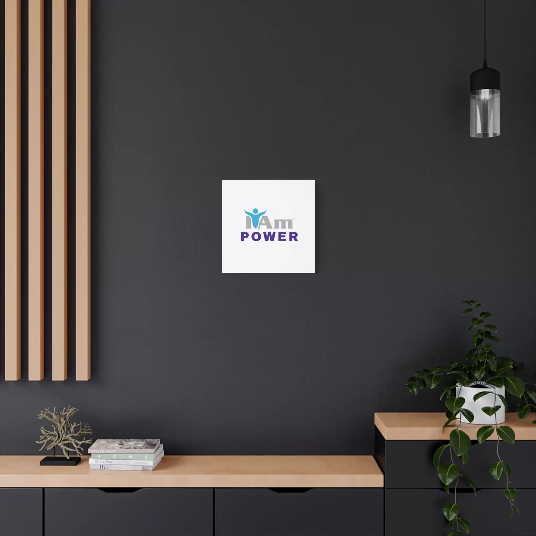 4256100011700969229_2048.webp Inspirational wall art with 'I Am Power' message on a dark wall.