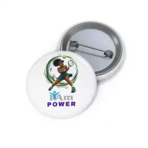 Tennis power badge with a player and 'I Am Power' text.