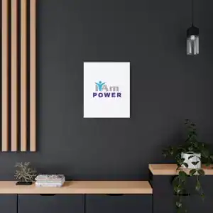 Inspirational wall art with 'I Am Power' message on a dark wall.