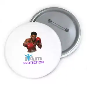 Boxer with gloves and 'I Am Protection' badge for fighters and advocates.