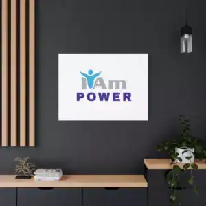 Inspirational wall art with 'I Am Power' message on a white canvas.