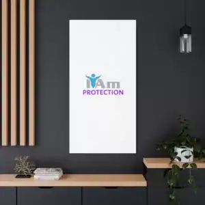 Modern wall art with 'I Am Protection' logo on a white canvas in a stylish room.