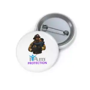 Protection badge with firefighter and child image for empowerment and advocacy.