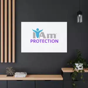 Inspirational wall art with 'I Am Protection' message on a modern dark wall.