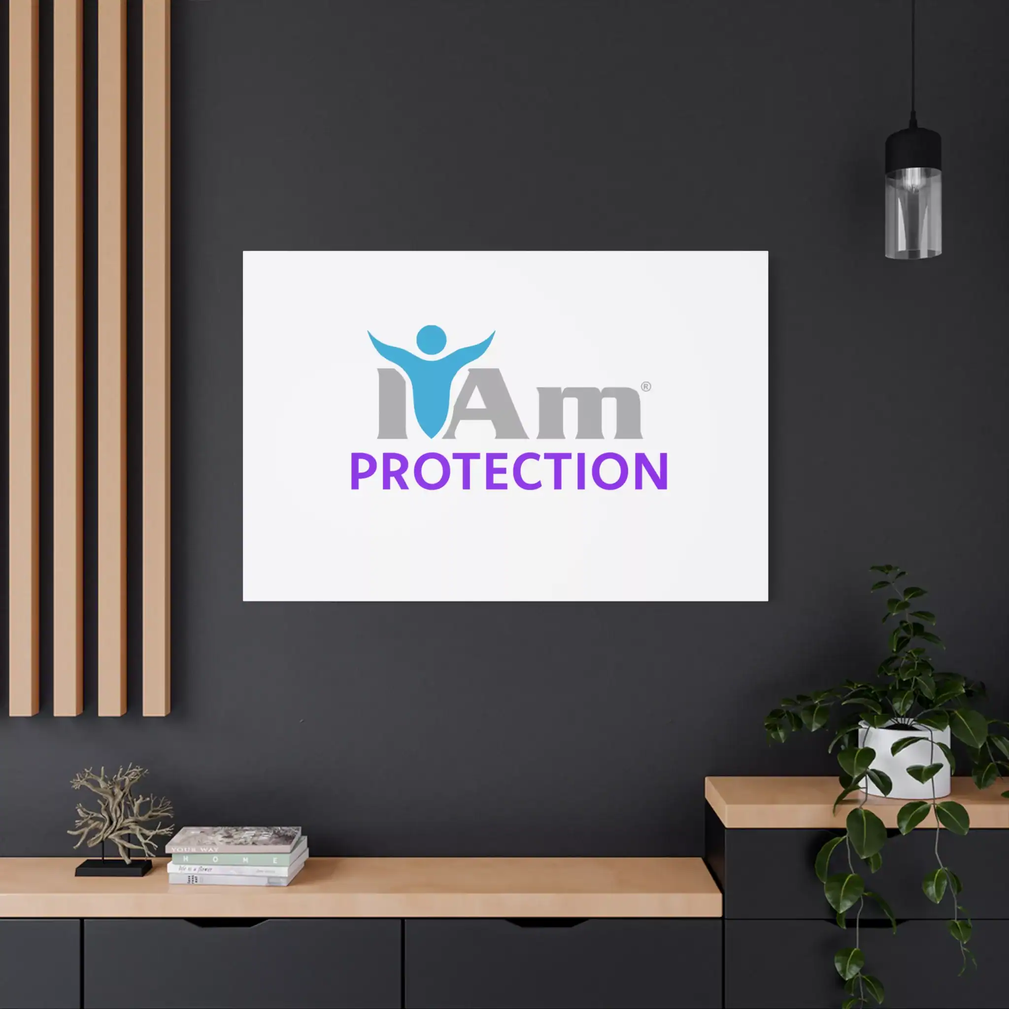 5733136453475226971_2048.webp Inspirational wall art with 'I Am Protection' message on a modern dark wall.
