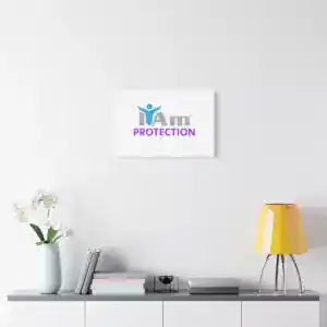 Protection logo on a white wall with a modern decor setup.