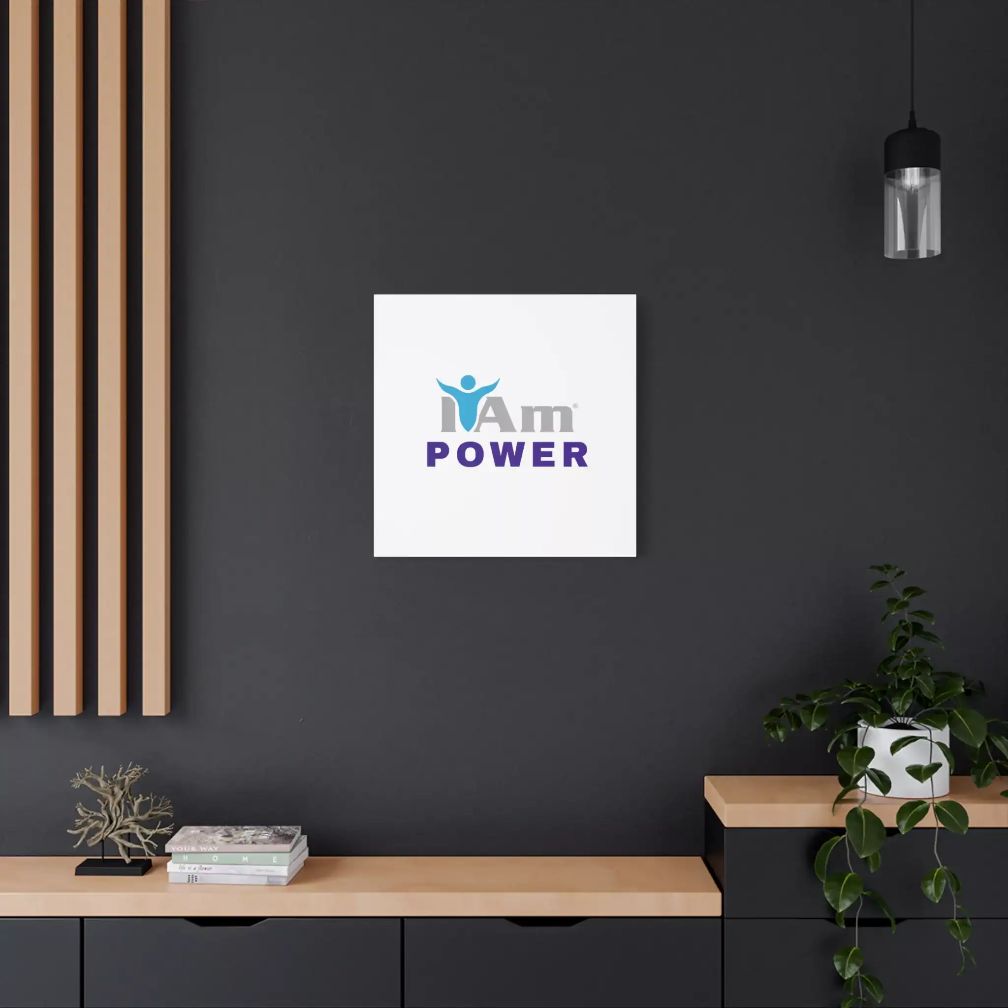 6162311644704180114_2048.webp Inspirational wall art with 'I Am Power' message on a dark wall.