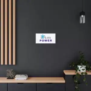 Inspirational wall art with 'I Am Power' message on a dark wall.