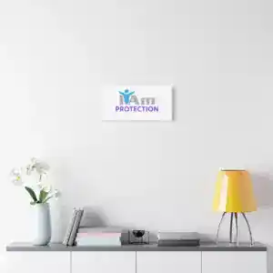 Protection-themed wall art with a blue figure and purple text on a white background.