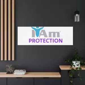 Inspirational wall art with 'I Am Protection' message on a modern dark wall.