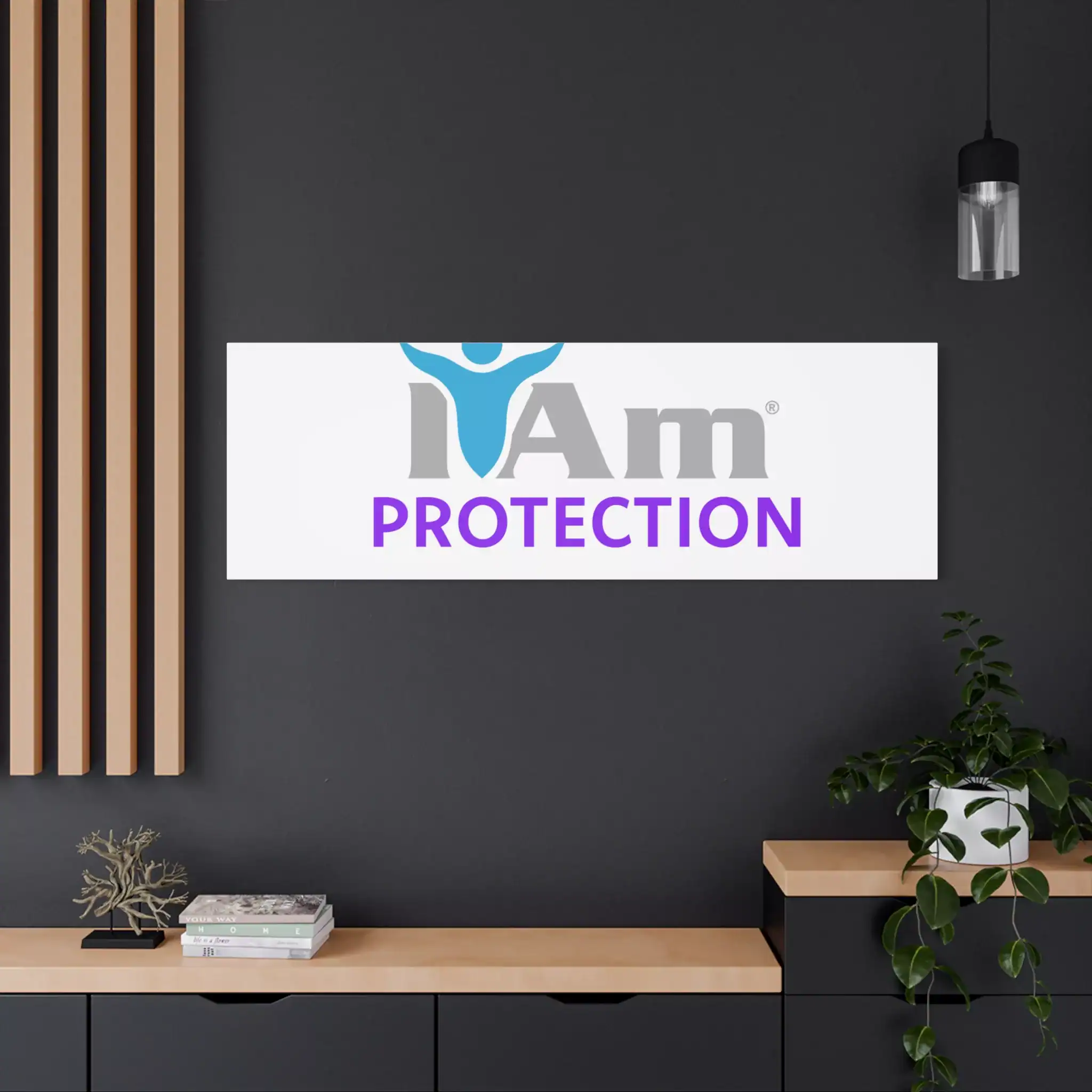 680808870153828480_2048.webp Inspirational wall art with 'I Am Protection' message on a modern dark wall.