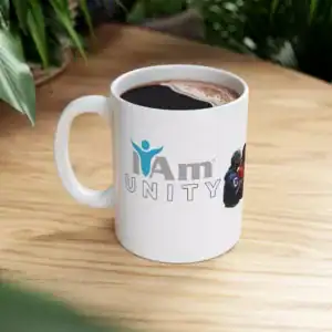 Empowerment ceramic mug with "I Am Unity" and "Unity Is Strength" graphic, perfect for inspiring dai.