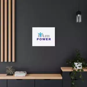 Inspirational wall art with 'I Am Power' message on a dark wall.