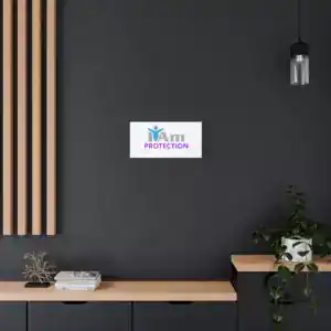 Modern interior with 'I Am Protection' canvas wall art on dark wall.