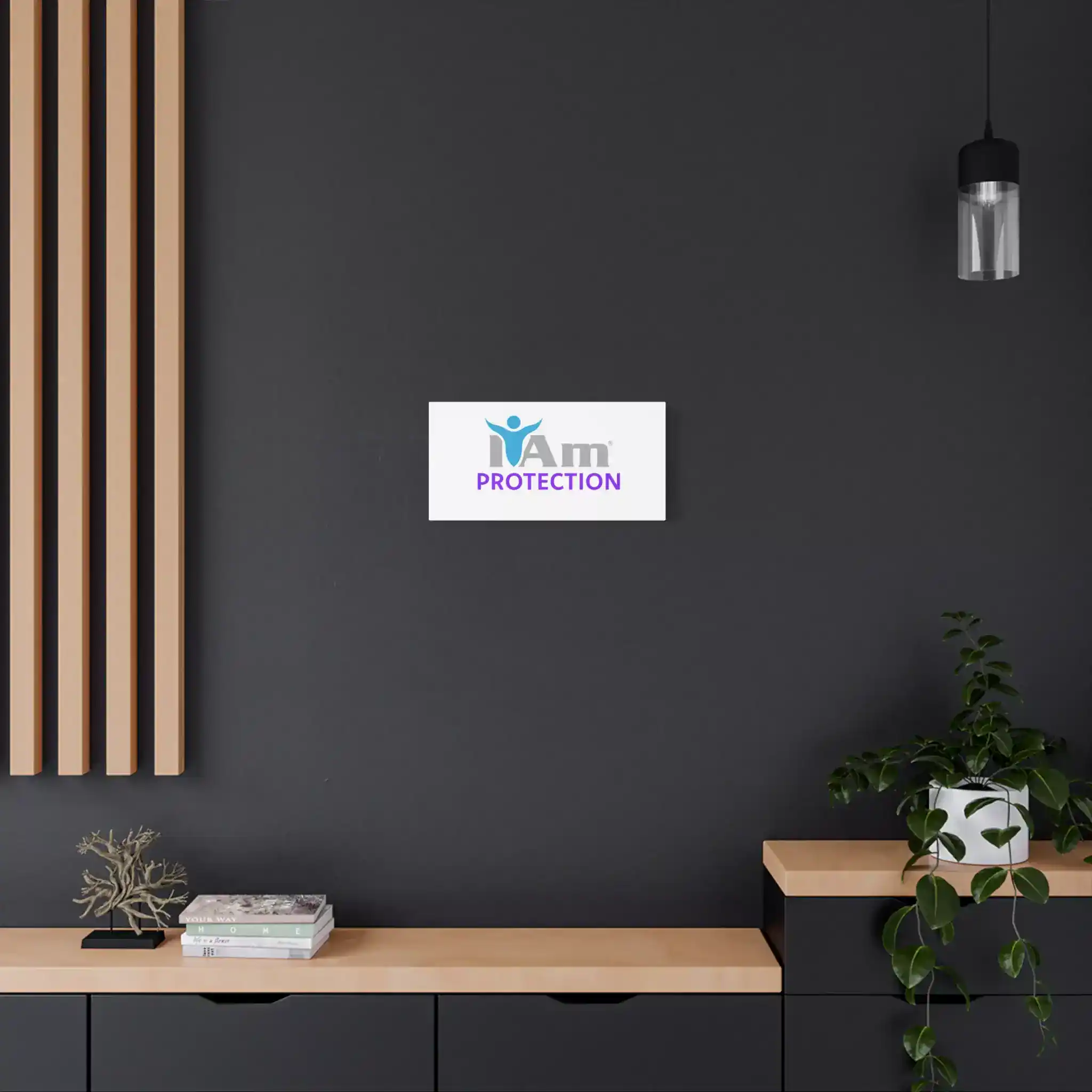 7186282914232256872_2048.webp Modern interior with 'I Am Protection' canvas wall art on dark wall.