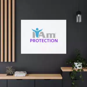 Inspirational wall art with 'I Am Protection' message on a modern dark wall.