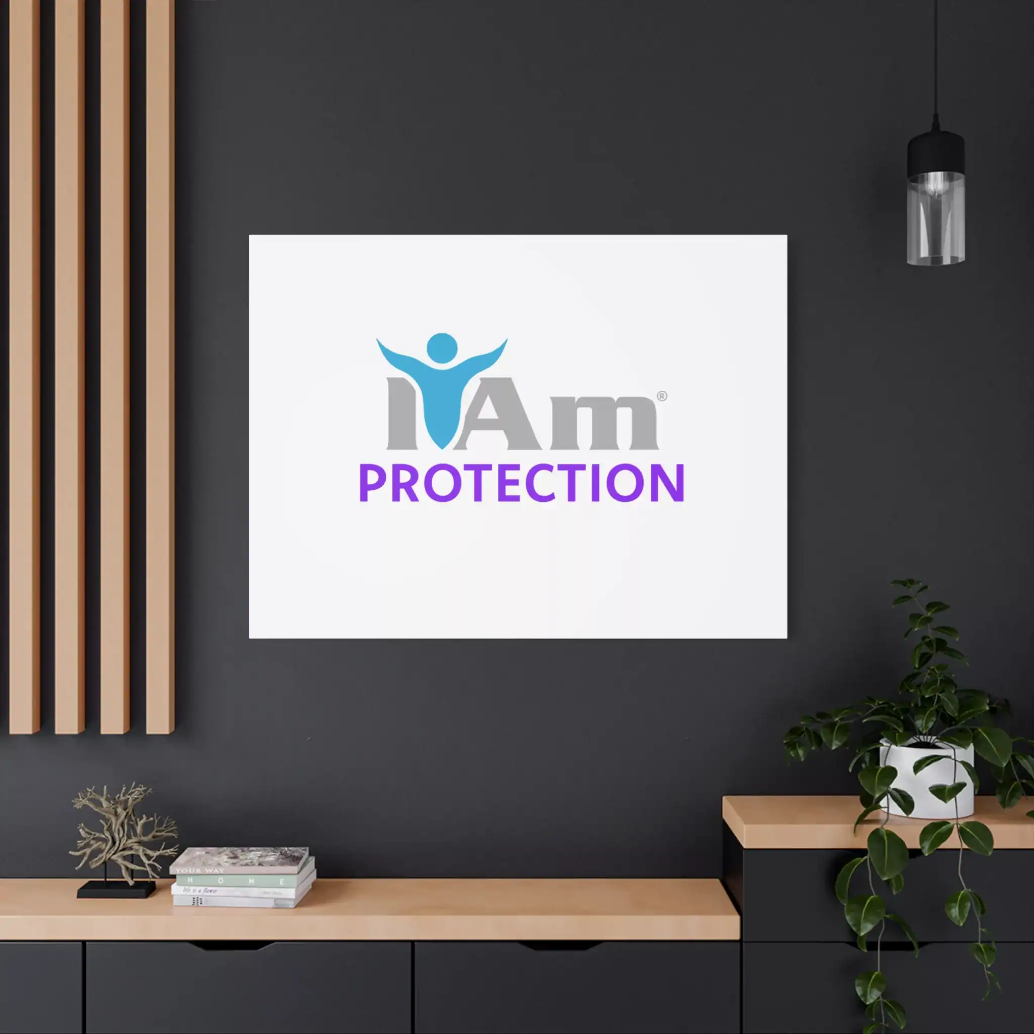 7263668562719174663_2048.webp Inspirational wall art with 'I Am Protection' message on a modern dark wall.