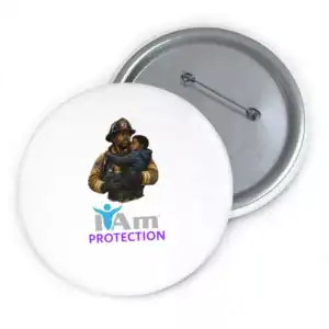 Empowerment badge for protectors and advocates featuring firefighter and child.