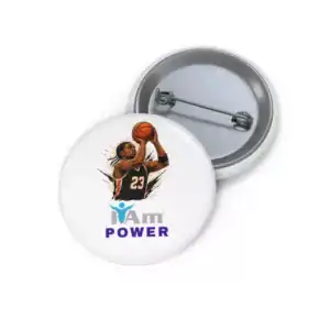 Empowerment badge featuring a female basketball player with 'I Am Power' text.