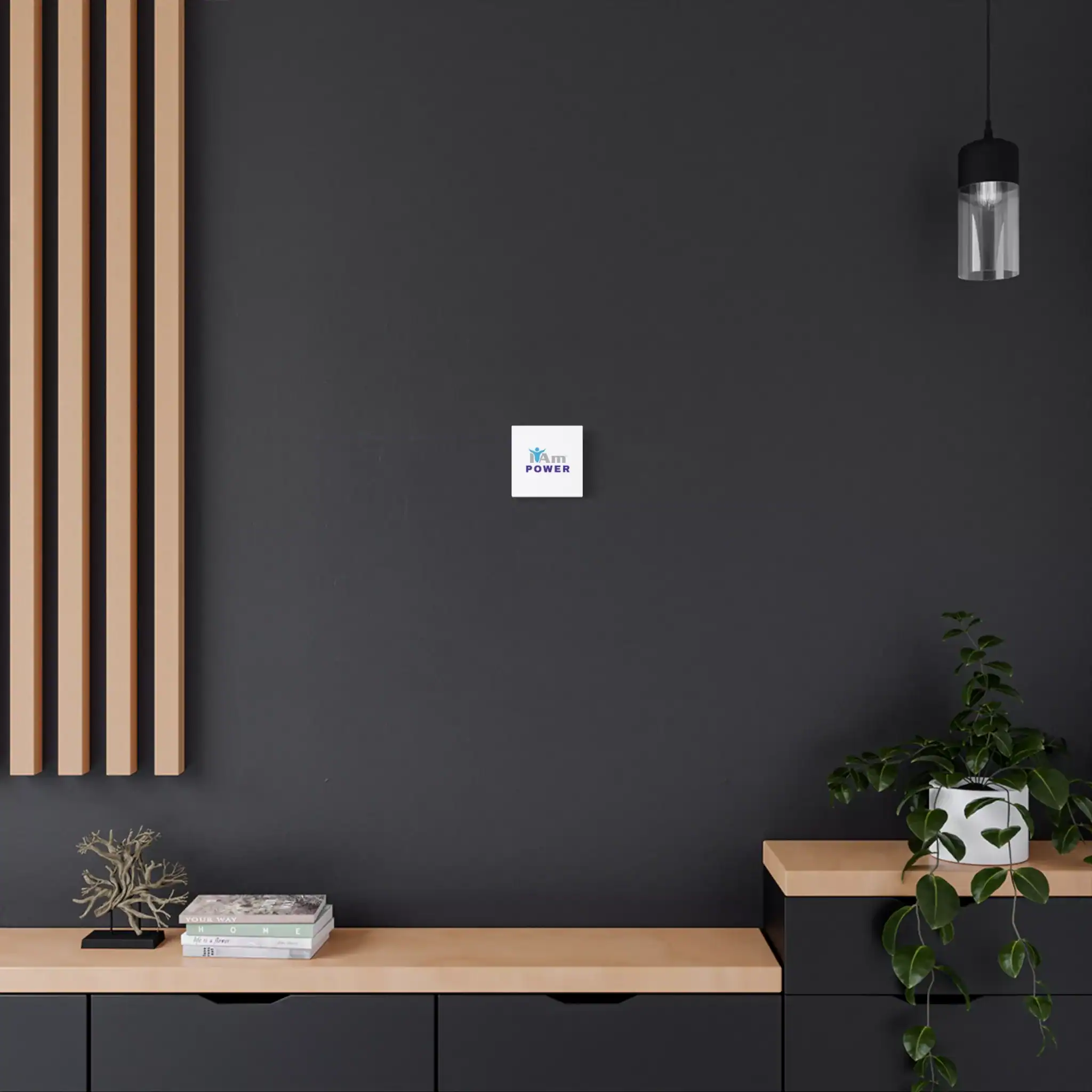 7307711516654225303_2048.webp Minimalist interior with a small 'I Am Power' canvas wall art on a dark wall.