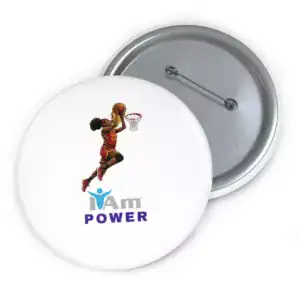 Empowerment badge with basketball player and 'I Am Power' text.