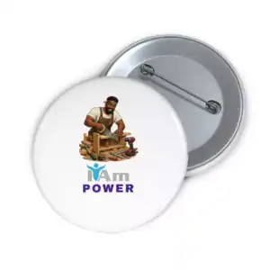 Empowerment badge for builders and creators with a carpenter image and 'I Am Power' text.