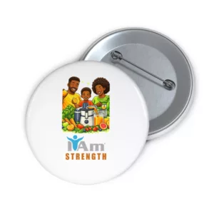 Empowerment badge featuring a family with fresh vegetables and a juicer.
