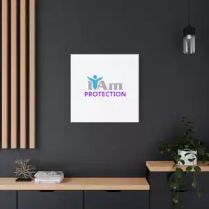 Inspirational wall art with 'I Am Protection' message on a dark wall.